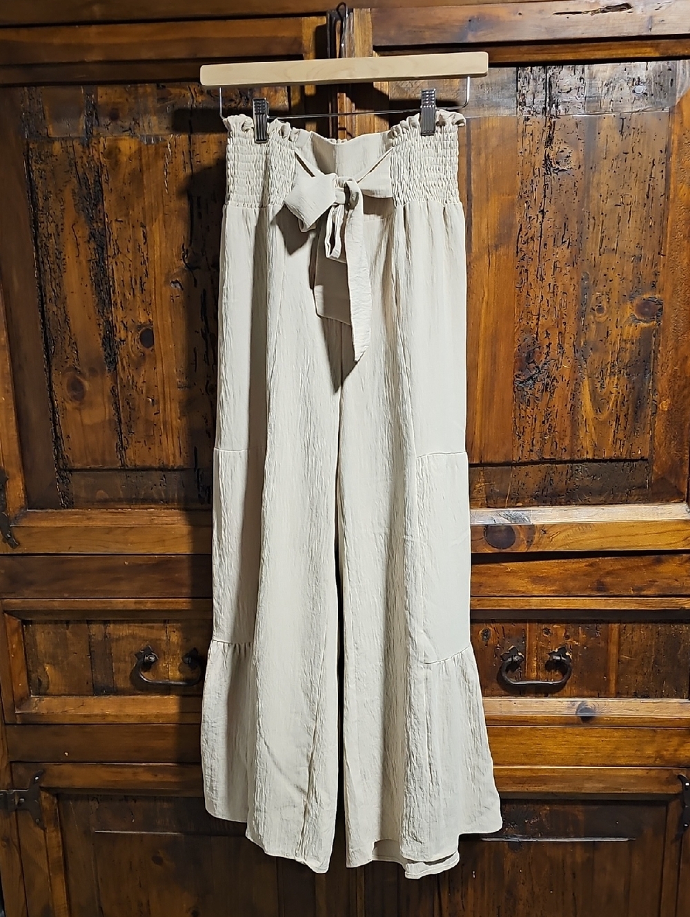 Women's High-Waist Palazzo Tie-Belt Pants - Cream/Beige